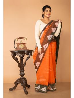 Unnati Silks - Orange-Green Pure Tie and Dye Shibori Printed Kota Saree with Unstitched Blouse
