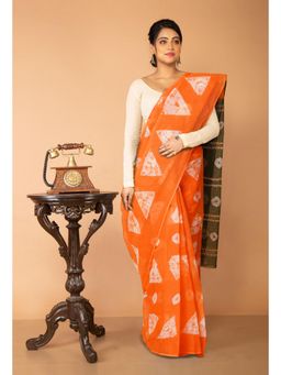 Unnati Silks - Orange-Green Pure Tie and Dye Shibori Printed Kota Saree with Unstitched Blouse