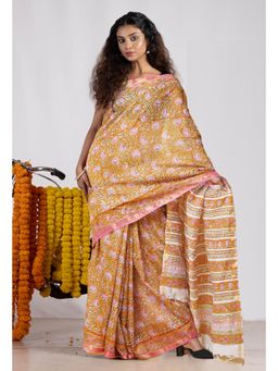 Unnati Silks - Mustard Pure Pashmina Block Printed Chanderi Soft Silk Saree with Unstitched Blouse