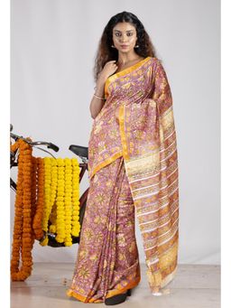 Unnati Silks - Purple Pure Pashmina Block Printed Chanderi Soft Silk Saree with Unstitched Blouse