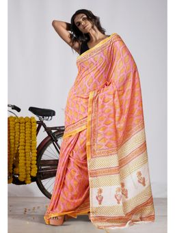 Unnati Silks - Pink Pure Pashmina Block Printed Chanderi Soft Silk Saree with Unstitched Blouse