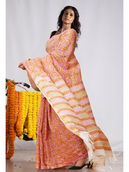 Unnati Silks - Yellow Pure Pashmina Block Printed Chanderi Soft Silk Saree with Unstitched Blouse