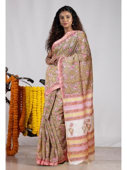 Unnati Silks - Green Pure Pashmina Block Printed Chanderi Soft Silk Saree with Unstitched Blouse