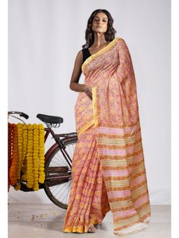 Unnati Silks - Pink Pure Pashmina Block Printed Chanderi Soft Silk Saree with Unstitched Blouse