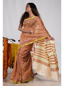 Unnati Silks - Brown Pure Pashmina Block Printed Chanderi Soft Silk Saree with Unstitched Blouse
