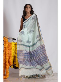 Unnati Silks - White-Green Pure Pashmina Block Printed Chanderi Soft Silk Saree with Unstitched Blouse