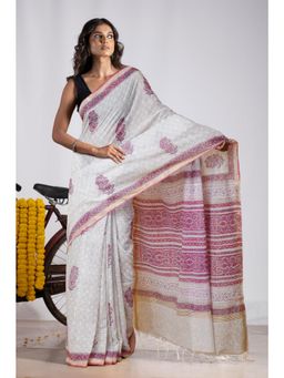 Unnati Silks - White-Grey Pure Pashmina Block Printed Chanderi Soft Silk Saree with Unstitched Blouse