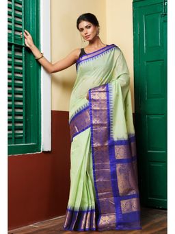 Unnati Silks - Green Pure Handloom Gadwal Cotton Saree without Blouse
