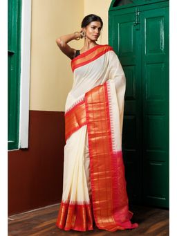 Unnati Silks - Ivory Pure Handloom Gadwal Cotton Saree without Blouse