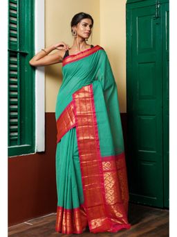 Unnati Silks - Green Pure Handloom Gadwal Cotton Saree without Blouse