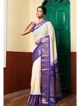 Unnati Silks - Ivory Pure Handloom Gadwal Cotton Saree without Blouse
