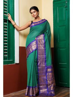 Unnati Silks - Green Pure Handloom Gadwal Cotton Saree without Blouse