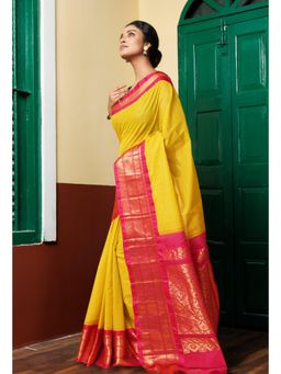 Unnati Silks - Yellow Pure Handloom Gadwal Cotton Saree without Blouse