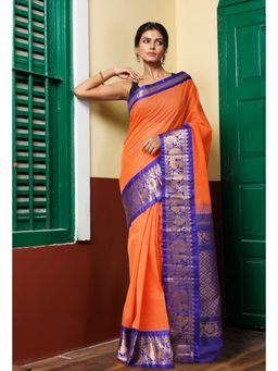 Unnati Silks - Orange Pure Handloom Gadwal Cotton Saree without Blouse