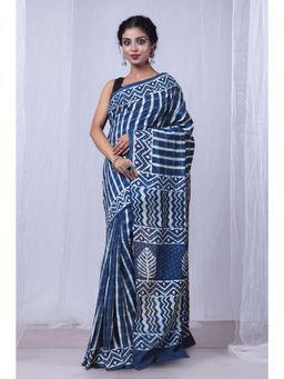 Unnati Silks - Blue Pure Dabu Printed Mulmul Cotton Saree with Unstitched Blouse
