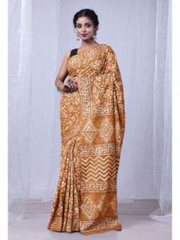 Unnati Silks - Brown Pure Dabu Printed Mulmul Cotton Saree with Unstitched Blouse