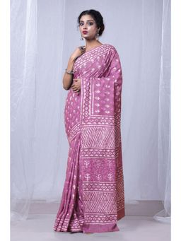 Unnati Silks - Pink Pure Dabu Printed Mulmul Cotton Saree with Unstitched Blouse