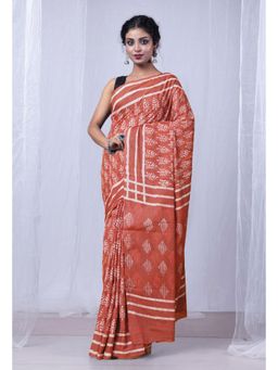 Unnati Silks - Red Pure Dabu Printed Mulmul Cotton Saree with Unstitched Blouse