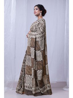 Unnati Silks - Grey Pure Dabu Printed Mulmul Cotton Saree with Unstitched Blouse