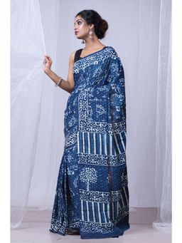 Unnati Silks - Blue Pure Dabu Printed Mulmul Cotton Saree with Unstitched Blouse