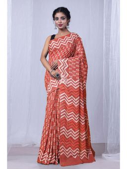 Unnati Silks - Red Pure Dabu Printed Mulmul Cotton Saree with Unstitched Blouse