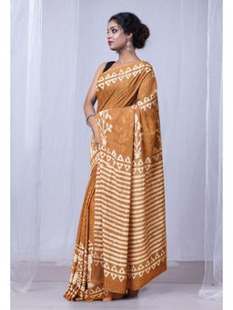 Unnati Silks - Brown Pure Dabu Printed Mulmul Cotton Saree with Unstitched Blouse
