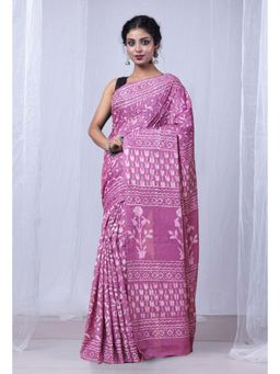 Unnati Silks - Pink Pure Dabu Printed Mulmul Cotton Saree with Unstitched Blouse