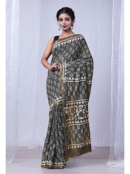 Unnati Silks - Green Pure Pashmina Dabu Printed Chanderi Sico Saree with Unstitched Blouse