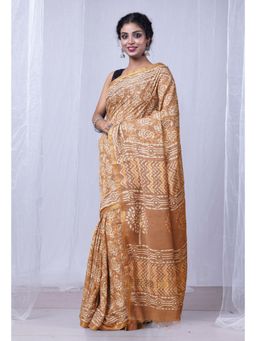 Unnati Silks - Brown Pure Pashmina Dabu Printed Chanderi Sico Saree with Unstitched Blouse