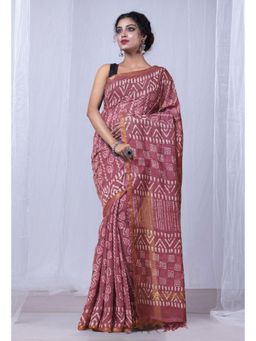Unnati Silks - Red Pure Pashmina Dabu Printed Chanderi Sico Saree with Unstitched Blouse