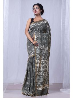 Unnati Silks - Grey Pure Pashmina Dabu Printed Chanderi Sico Saree with Unstitched Blouse