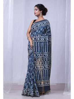 Unnati Silks - Blue Pure Pashmina Dabu Printed Chanderi Sico Saree with Unstitched Blouse