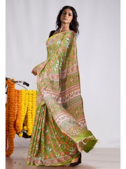 Unnati Silks - Green Pure Pashmina Block Printed Chanderi Soft Silk Saree with Unstitched Blouse