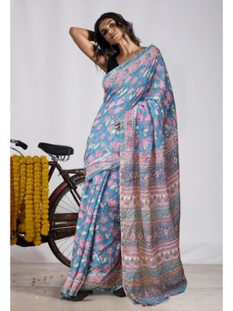Unnati Silks - Blue Pure Pashmina Block Printed Chanderi Soft Silk Saree with Unstitched Blouse