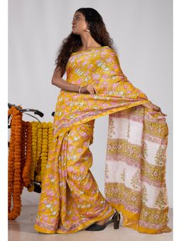 Unnati Silks - Yellow Pure Pashmina Block Printed Chanderi Soft Silk Saree with Unstitched Blouse