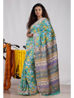 Unnati Silks - Green Pure Pashmina Block Printed Chanderi Soft Silk Saree with Unstitched Blouse