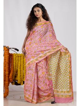 Unnati Silks - Pink Pure Pashmina Block Printed Chanderi Soft Silk Saree with Unstitched Blouse