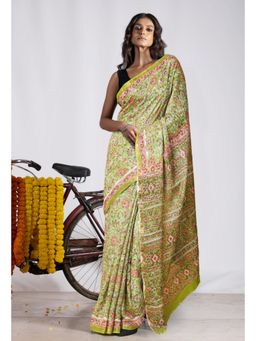 Unnati Silks - Green Pure Pashmina Block Printed Chanderi Soft Silk Saree with Unstitched Blouse