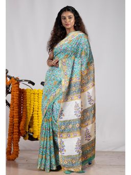 Unnati Silks - Green Pure Pashmina Block Printed Chanderi Soft Silk Saree with Unstitched Blouse
