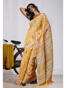 Unnati Silks - Yellow Pure Pashmina Block Printed Chanderi Soft Silk Saree with Unstitched Blouse