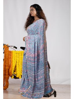 Unnati Silks - Blue Pure Pashmina Block Printed Chanderi Soft Silk Saree with Unstitched Blouse