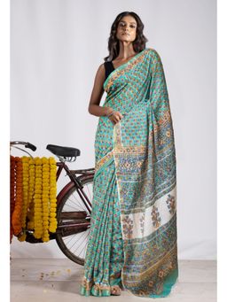 Unnati Silks - Green Pure Pashmina Block Printed Chanderi Soft Silk Saree with Unstitched Blouse