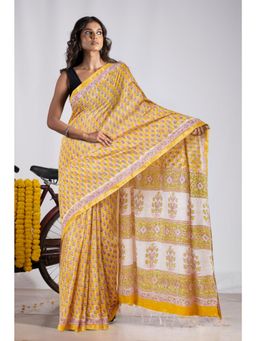 Unnati Silks - Yellow Pure Pashmina Block Printed Chanderi Soft Silk Saree with Unstitched Blouse