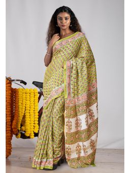 Unnati Silks - Green Pure Pashmina Block Printed Chanderi Soft Silk Saree with Unstitched Blouse