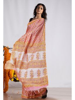 Unnati Silks - Pink Pure Pashmina Block Printed Chanderi Soft Silk Saree with Unstitched Blouse