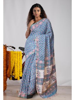 Unnati Silks - Blue Pure Pashmina Block Printed Chanderi Soft Silk Saree with Unstitched Blouse