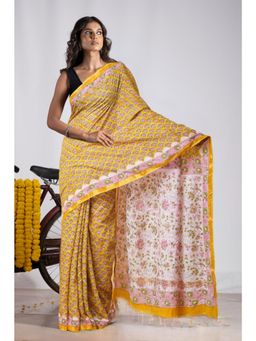 Unnati Silks - Yellow Pure Pashmina Block Printed Chanderi Soft Silk Saree with Unstitched Blouse