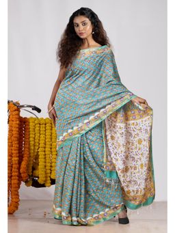 Unnati Silks - Green Pure Pashmina Block Printed Chanderi Soft Silk Saree with Unstitched Blouse