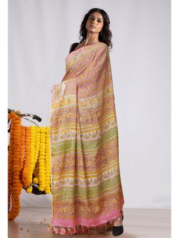 Unnati Silks - Pink Pure Pashmina Block Printed Chanderi Soft Silk Saree with Unstitched Blouse