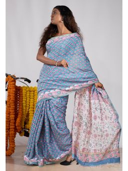 Unnati Silks - Blue Pure Pashmina Block Printed Chanderi Soft Silk Saree with Unstitched Blouse